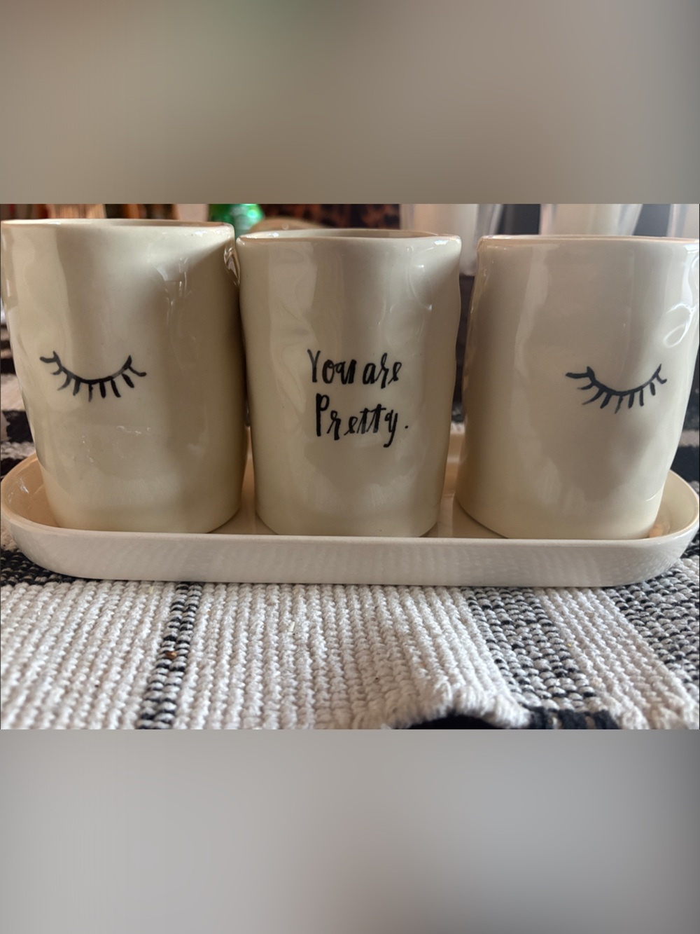 Rae Dunn Cream Ceramic Mug Set with Black Eyelash and Script Accents